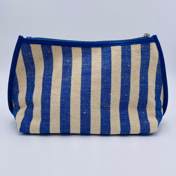 Nordstrom Linen Blue Tan Striped Clutch Zipper Closure Nautical Spring Summer - Picture 4 of 7